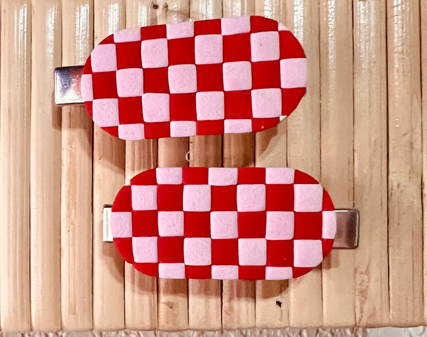 Red & Pink Checkered Hair Clips