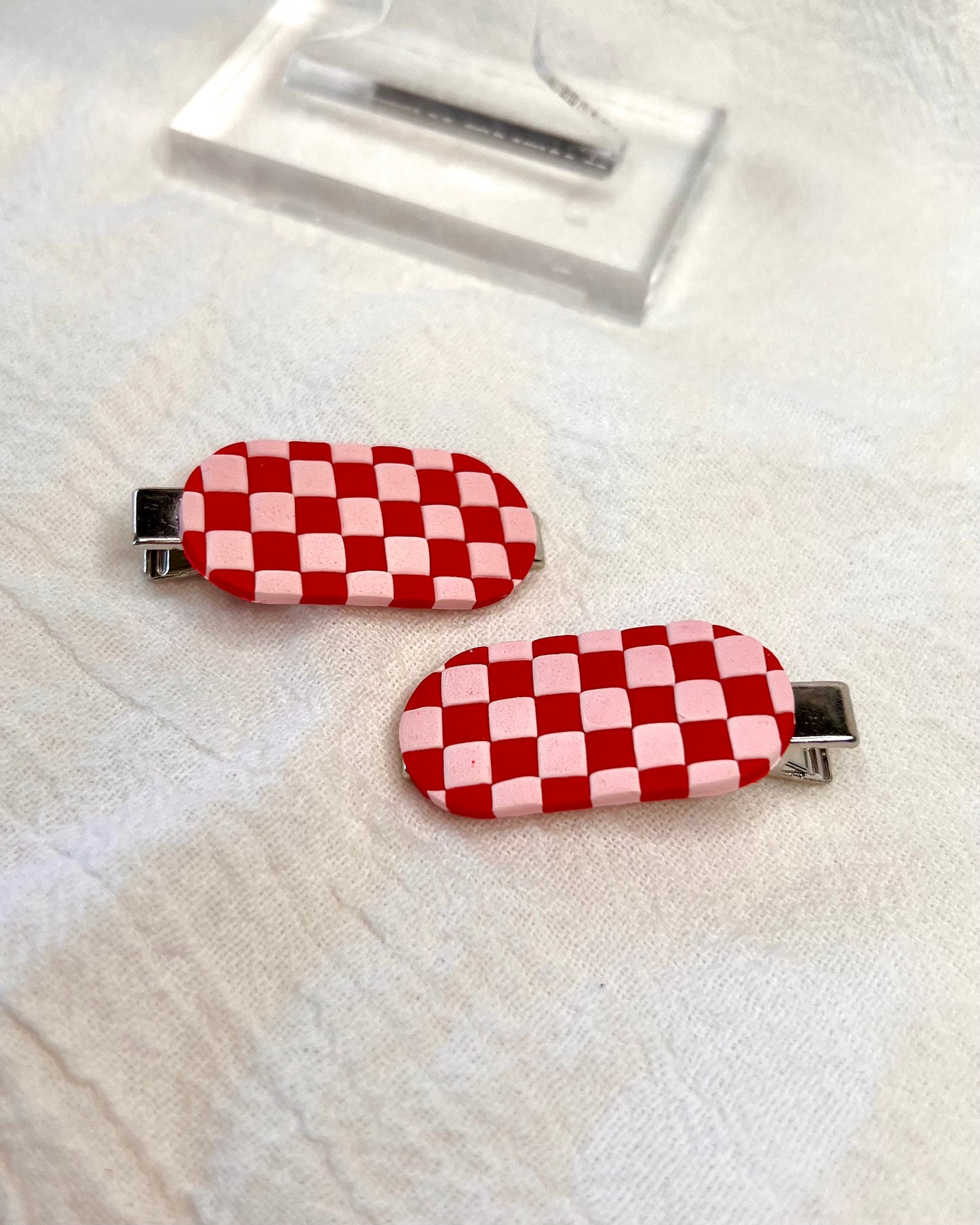Red & Pink Checkered Hair Clips